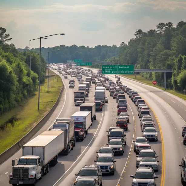 cars and trucks on a multi-lane highway