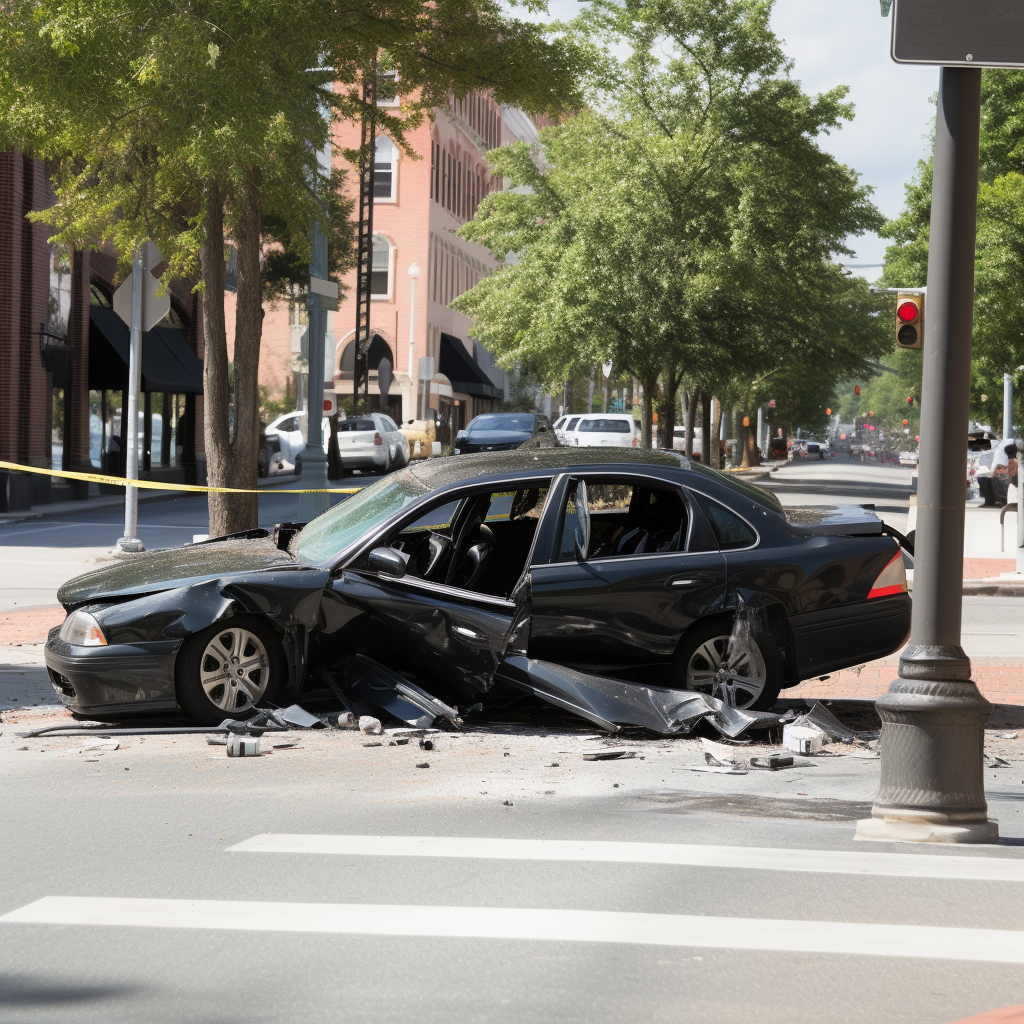 A car wreck in the middle of the street