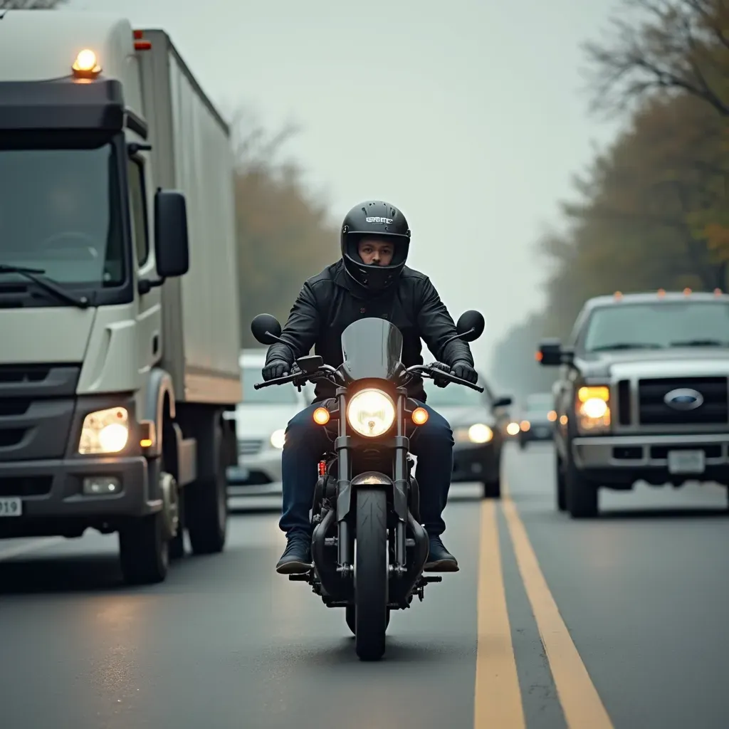 A SC motorcycle operator travels between moving traffic