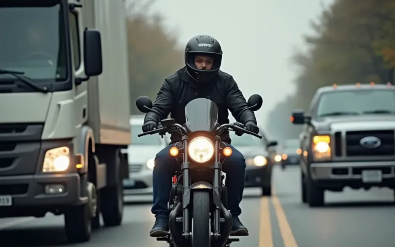 A SC motorcycle operator travels between moving traffic