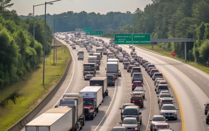 cars and trucks on a multi-lane highway