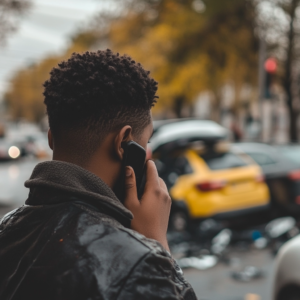 person looking at a car crash while calling the police on their phone