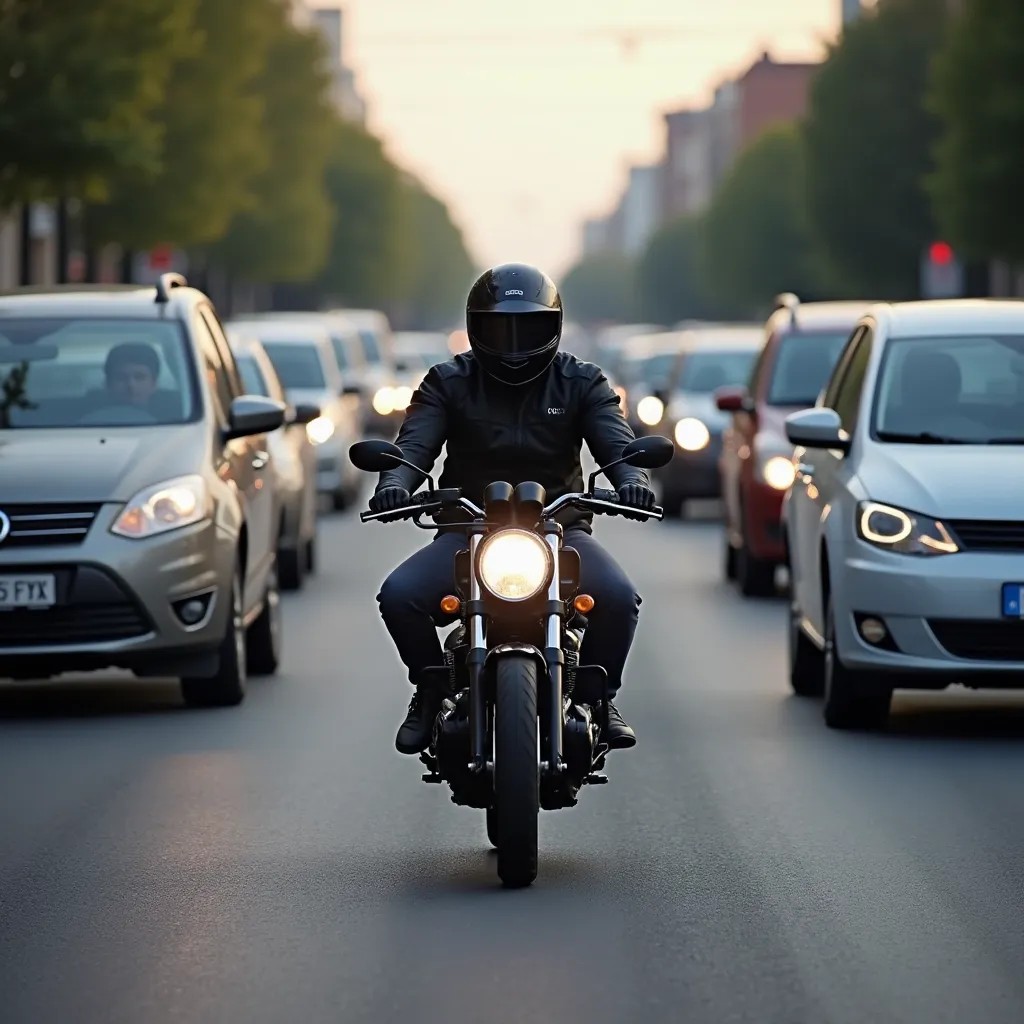 A motorcycle operator travels between two lanes of stopped traffic in South Carolina